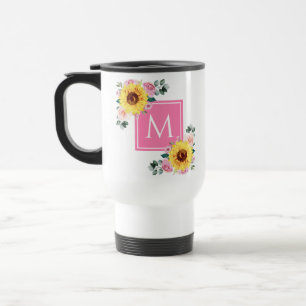Mug De Voyage Aquarelle botanique rose tournesol Monogramme
