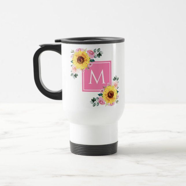 Mug De Voyage Aquarelle botanique rose tournesol Monogramme (Gauche)