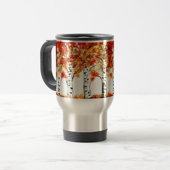 Mug De Voyage Aquarelle Oiseaux Arbres Automne Orange Feuille (Devant gauche)