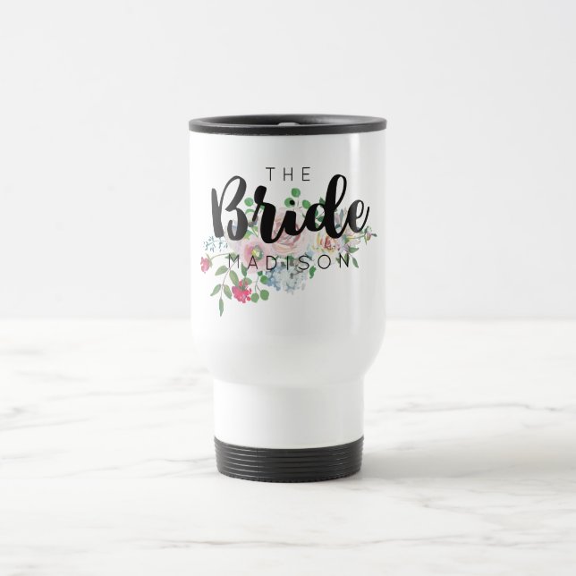 Mug De Voyage Aquarelle Rose florale Mariage mariée (Centre)