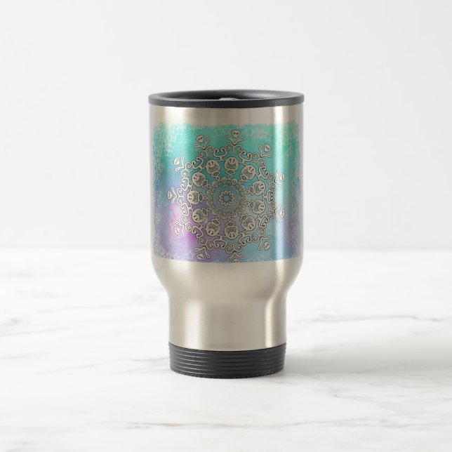 Mug De Voyage *~* Aquarelle turquoise et blanche mandala (Centre)