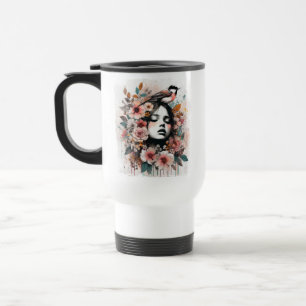 Mug De Voyage Art floral inspirant avec femme et oiseau