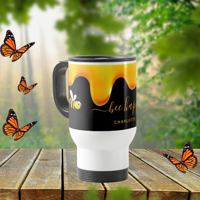 Mug De Voyage Bee Happy noir mignon bourdons abeilles gouttant d (Créateur téléchargé)