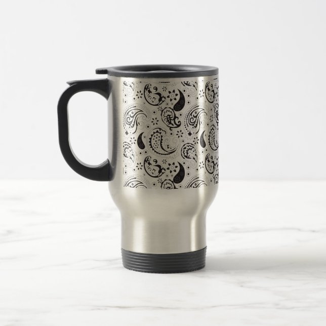 Mug De Voyage Black & White Paisley Pattern –Elegant Textile Art (Gauche)