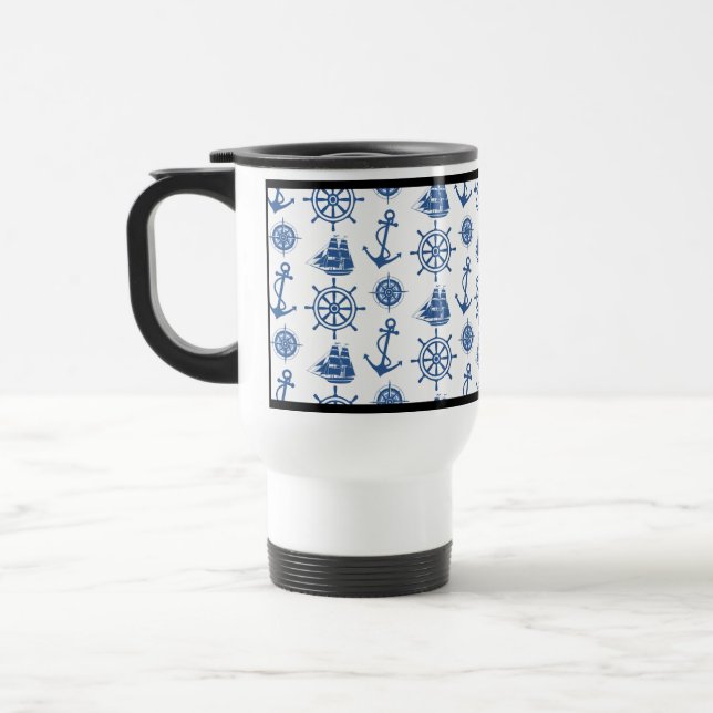 Mug De Voyage Bleu nautique et blanc d'Ancre de thème (Gauche)