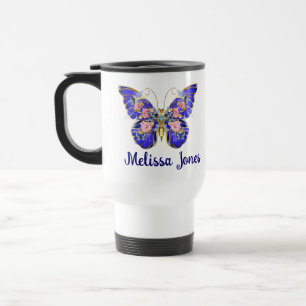 Mug De Voyage Bleu Rose Bleu Papillon Or Nom Floral Blanc