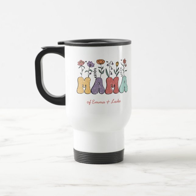 Mug De Voyage Boho Mama Texte avec Fleurs et Noms d'Enfants (Gauche)