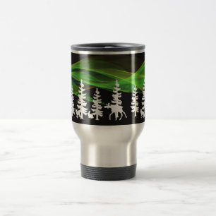 Mug De Voyage Bois nordiques en blanc avec aurores boréales