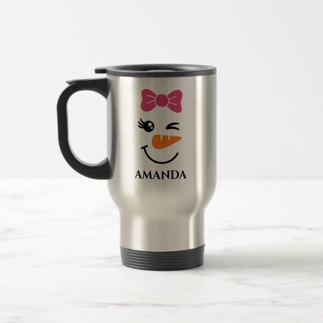 Mug De Voyage bonhomme de neige de Noël personnalisé avec nom pe (Gauche)