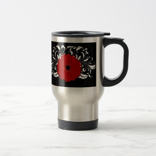 Mug De Voyage Bright Red Gerbera Daisy on Black (Droit)