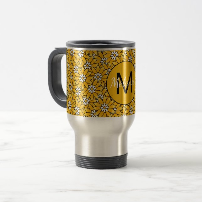 Mug De Voyage Bright Yellow Floral Pattern Personalised (Devant gauche)