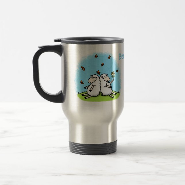 Mug De Voyage Caricature de moutons mignons amis et papillons (Gauche)