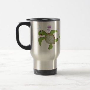 Mug De Voyage Caricature joyeuse de tortue de mer verte mignonne