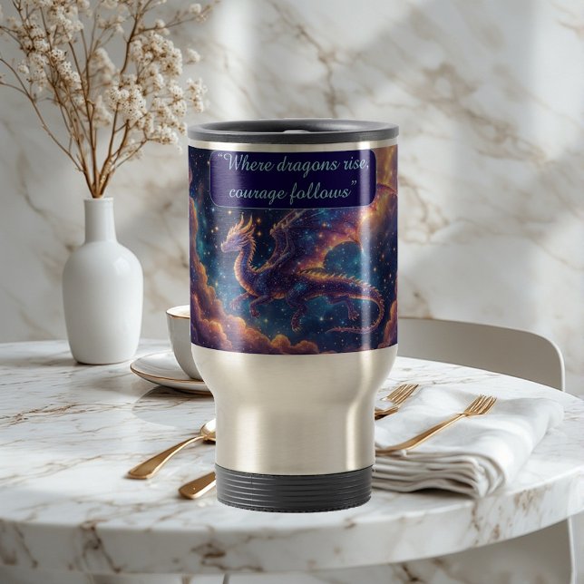 Mug De Voyage Celestial Starborne Dragon Cosmic Wings Ethereal  (Vintage Beige Botanical Herbs Leaves Wildflowers Thermal Tumbler)
