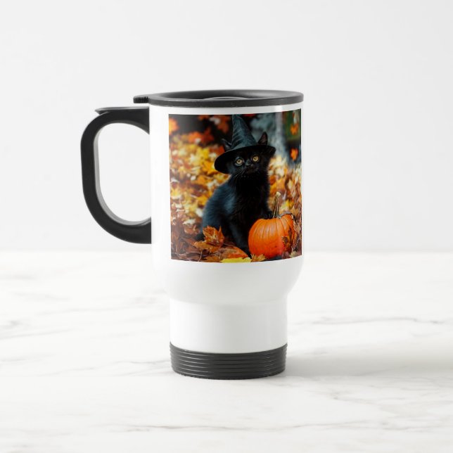 Mug De Voyage Chat noir d'Halloween et Citrouille (Gauche)