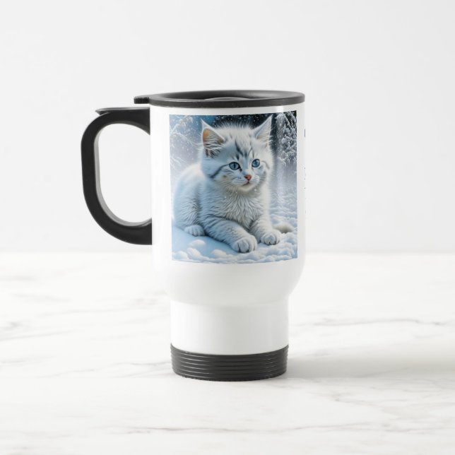 Mug De Voyage Chaton blanc Fluffy personnalisé en neige (Gauche)