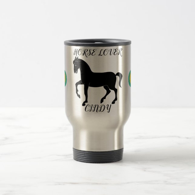 Mug De Voyage Cheval Lover voyage mug avec un nom personnalisé. (Centre)