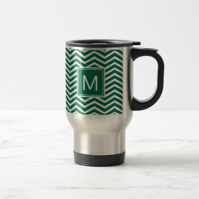 Mug De Voyage Chevrons Vert Luxuriant Avec Monogramme (Droit)