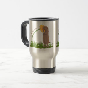 Mug De Voyage Chien de prairie mignon reniflant une fleur de des
