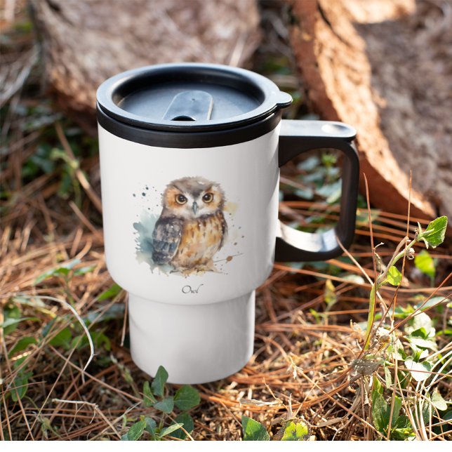 Mug De Voyage Chouette mignonne en aquarelle, personnalisable (Créateur téléchargé)