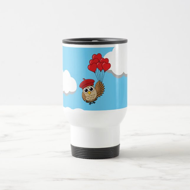 Mug De Voyage Chouette mignonne volant avec des ballons de coeur (Centre)