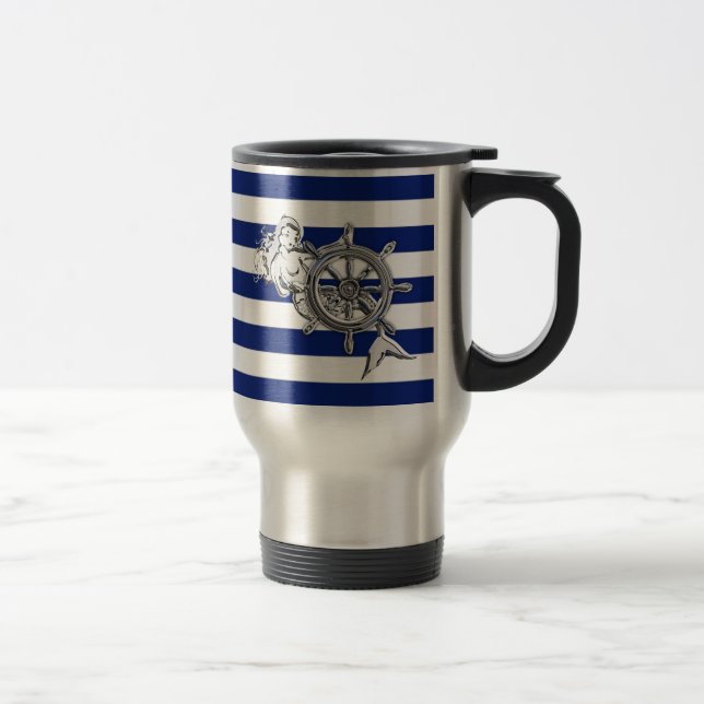 Mug De Voyage Chrome Comme Sirène sur les rayures Nautiques (Droit)