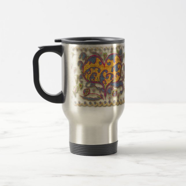 Mug De Voyage Coeur d'art populaire avec feuilles et fleurs (Gauche)