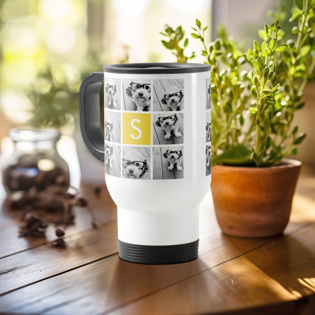 Mug De Voyage Collage photo jaune et blanc Monogramme personnali (Personalized travel mug - add photos and text or customize completely)