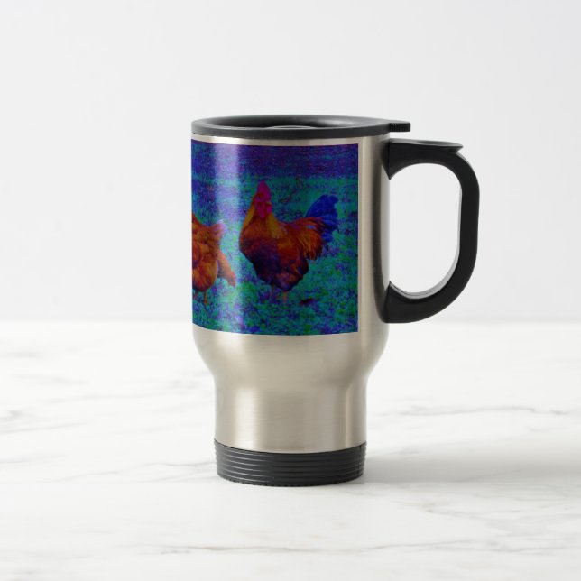 Mug De Voyage Coq et poules arc-en-ciel, bleu électrique (Droit)
