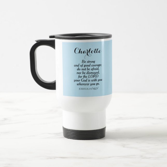 Mug De Voyage Courage bleu clair Bible Verset Nom personnalisé S (Gauche)