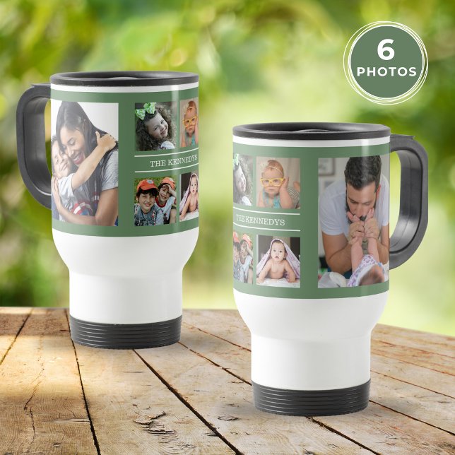 Mug De Voyage Créez votre propre 6 photo Collage famille verte (Create Your Own 6 Photo Collage Family Green Travel Mug)