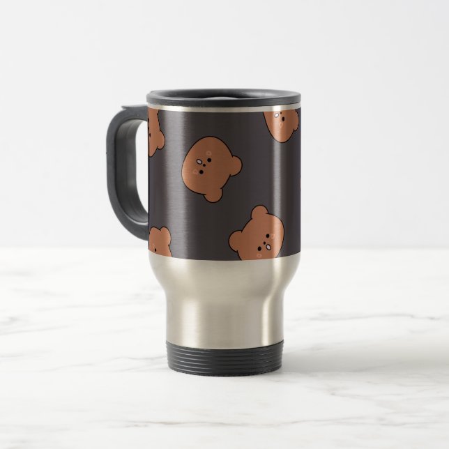 Mug De Voyage Cute Brown Teddy Bear Face Pattern Dark Blue (Devant gauche)
