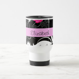 Mug De Voyage Damas, Fleurs, Noir et Blanc, Votre nom