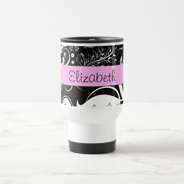 Mug De Voyage Damas, Fleurs, Noir et Blanc, Votre nom (Centre)