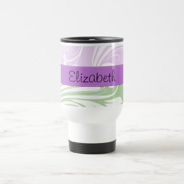 Mug De Voyage Damas pourpres, Damas vert, Votre Nom (Centre)