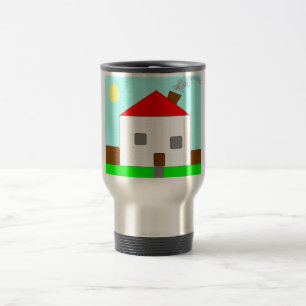 Mug De Voyage Dessin de Maison Bleue Rouge Blanc Vert, Art Par E