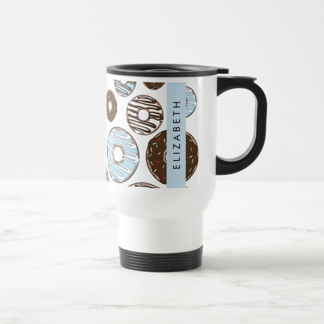 Mug De Voyage Donuts Bleus, Donuts Brown, Sprinkings, Votre Nom (Droite)