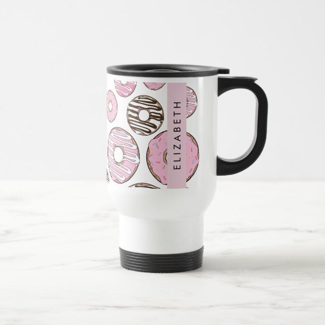Mug De Voyage Donuts Roses, Donuts Blancs, Sprinkings, Votre Nom (Droite)