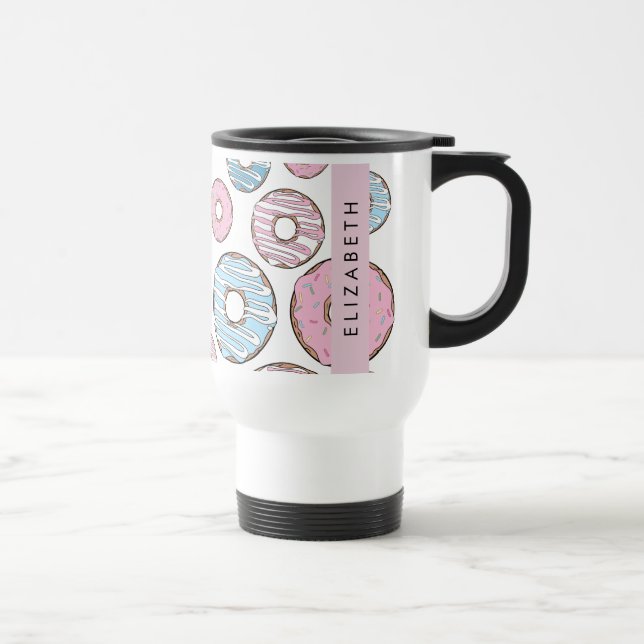 Mug De Voyage Donuts Roses, Donuts Bleus, Sprinkings, Votre Nom (Droite)