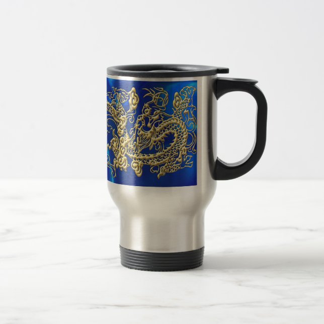 Mug De Voyage Dragon d'or embouti sur Blue Satin (Droit)