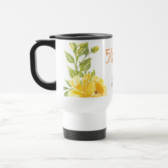 Mug De Voyage Élégant Jaune 50e anniversaire Mariage Monogramme (Gauche)