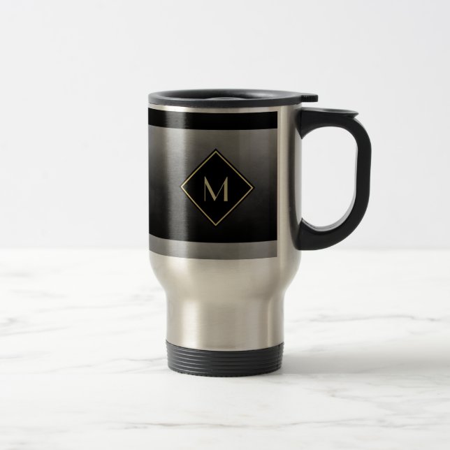 Mug De Voyage Élégant Noir Brossé Avec Monogramme Or Simple (Droit)