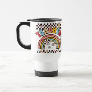 Mug De Voyage Enseignant de damier boho super arc-en-ciel fleurs