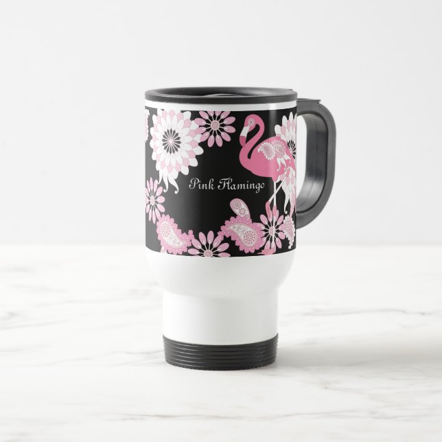 Mug De Voyage Flamant rose moderne noir rose Paisley (Devant droit)