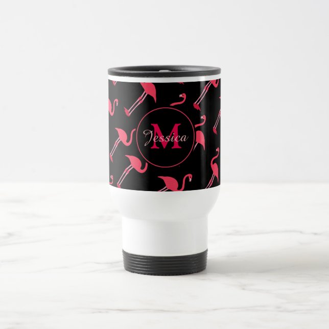 Mug De Voyage Flamants roses roses sur Noir Personnalisé (Centre)
