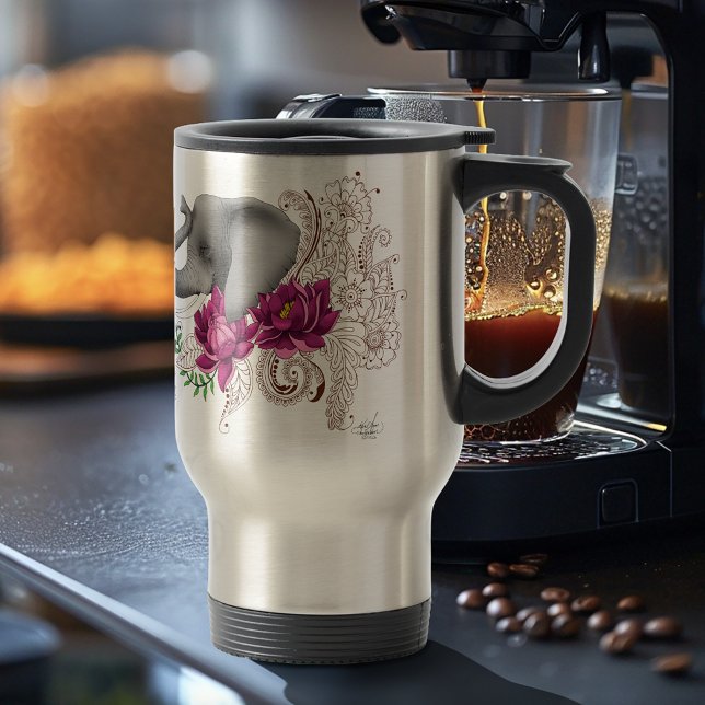 Mug De Voyage Fleurs de lotus henné éléphant (Créateur téléchargé)