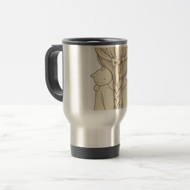 Mug De Voyage Girl with Braid and Cat Illustration – Soft Pastel (Devant gauche)