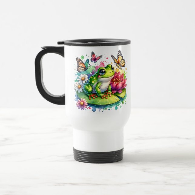 Mug De Voyage Grenouille personnalisée avec fleurs sur Lilypad (Gauche)