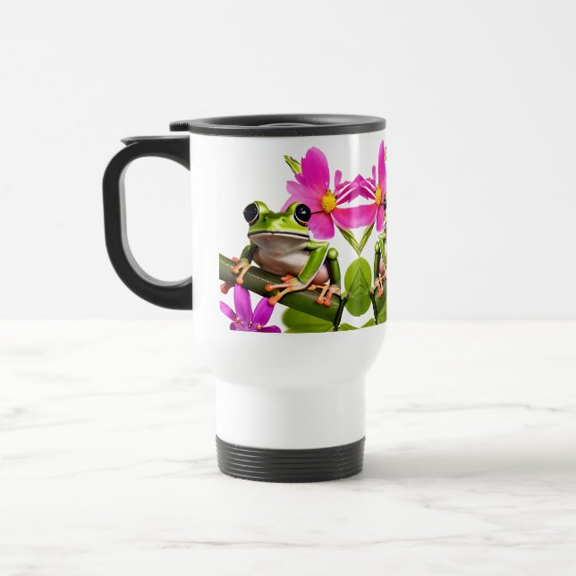 Mug De Voyage Grenouille verte adorable entourée de fleurs roses (Gauche)