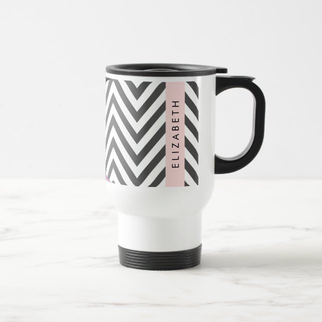 Mug De Voyage Grey Zigzag, Grey Chevron, Purple, Votre Nom (Droite)